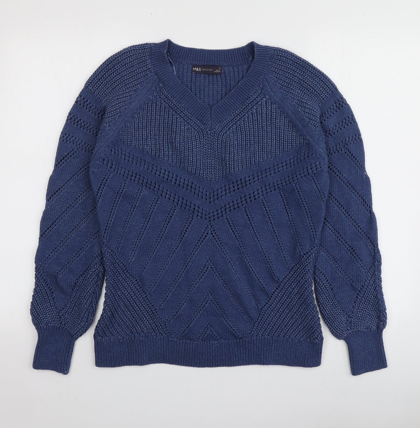M&S Womens Blue V-Neck  Cotton Pullover Jumper Size S
