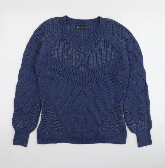 M&S Womens Blue V-Neck  Cotton Pullover Jumper Size S