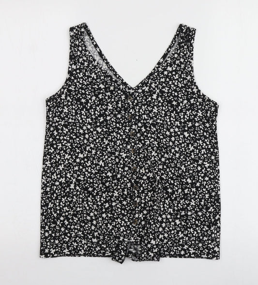 Dunnes Stores Womens Black Geometric Polyester Basic T-Shirt Size S V-Neck