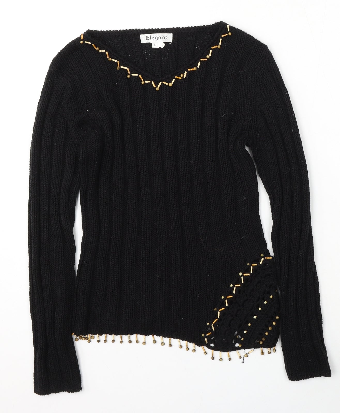Elegant Womens Black Round Neck  Cotton Pullover Jumper Size M
