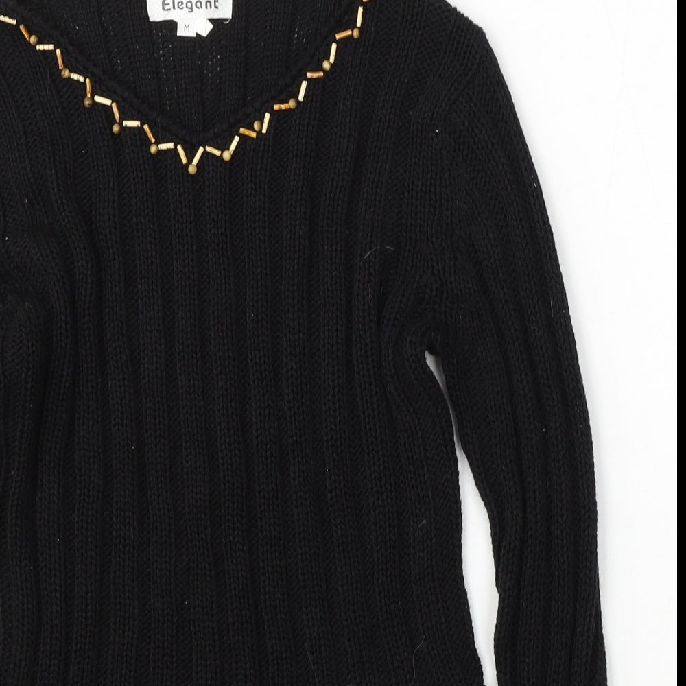 Elegant Womens Black Round Neck  Cotton Pullover Jumper Size M