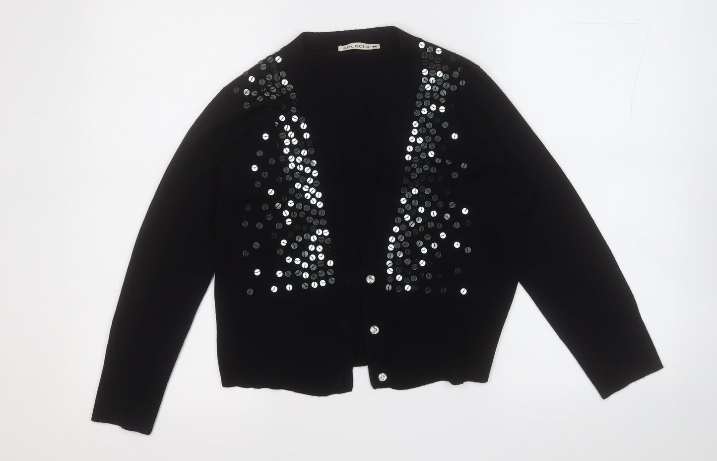 Select Womens Black Round Neck  Acrylic Cardigan Jumper Size 14