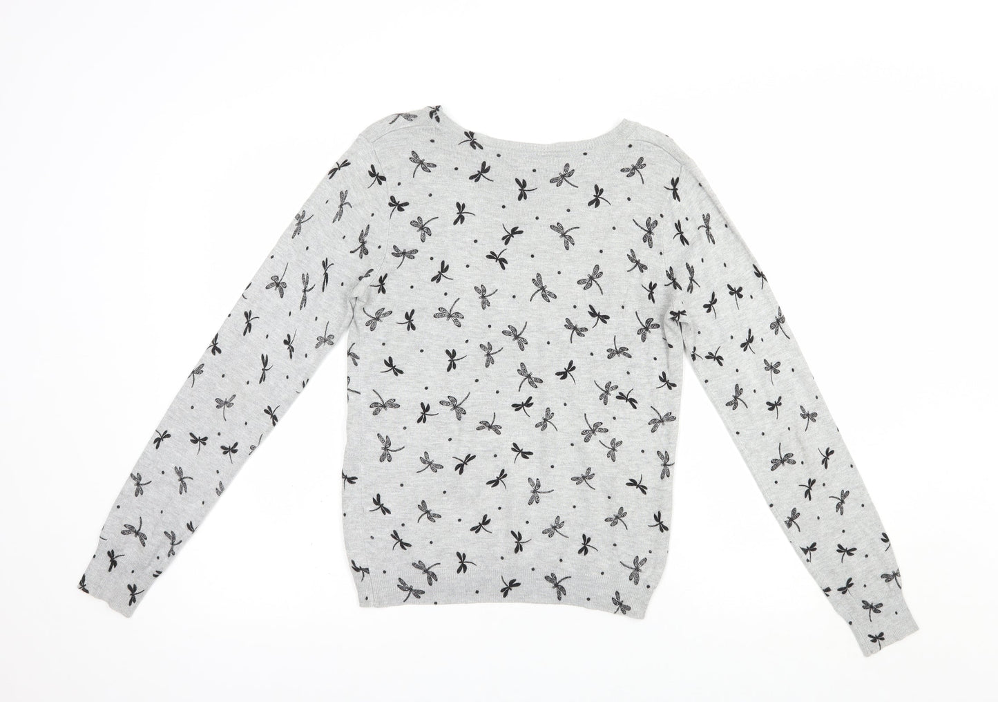 TU Womens Grey Boat Neck Geometric Viscose Pullover Jumper Size 8   - Dragonfly Print