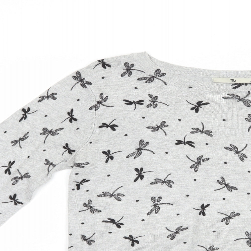 TU Womens Grey Boat Neck Geometric Viscose Pullover Jumper Size 8   - Dragonfly Print