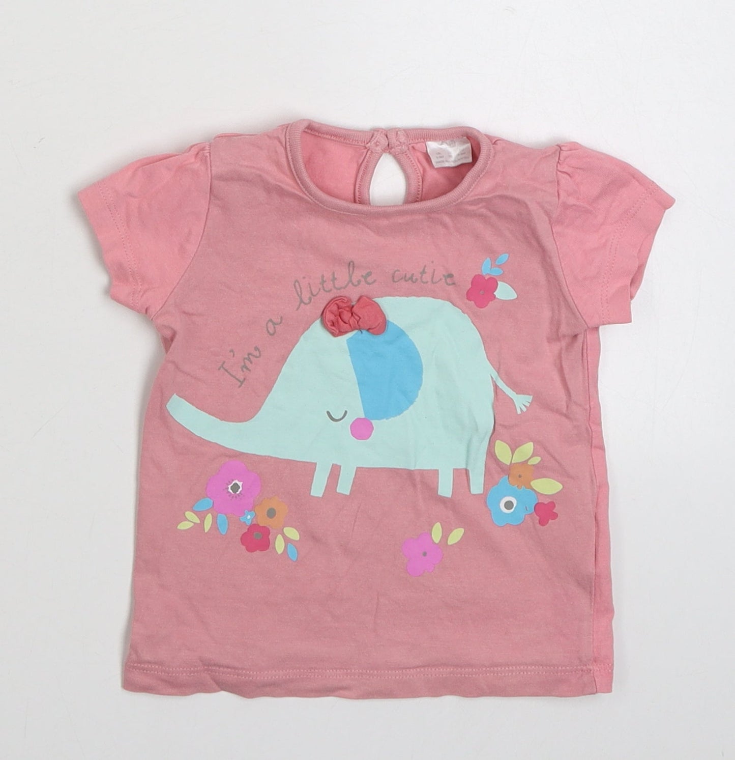F&F Girls Pink  100% Cotton Basic T-Shirt Size 6-9 Months Round Neck Button