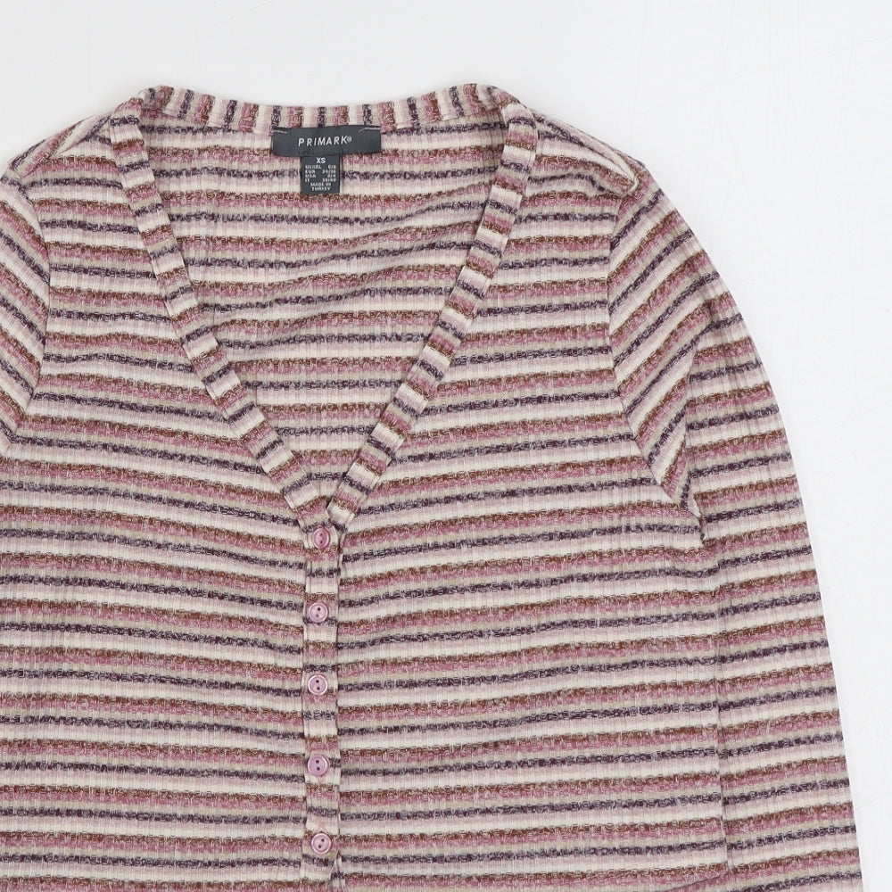 Primark Womens Multicoloured V-Neck Striped Polyester Cardigan Jumper Size XS