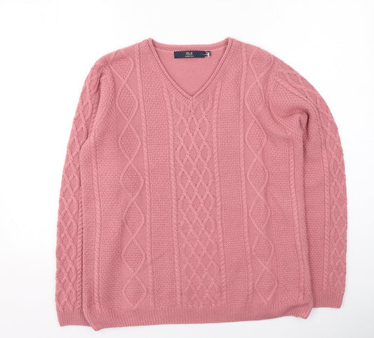 isle Womens Pink V-Neck  Acrylic Pullover Jumper Size M
