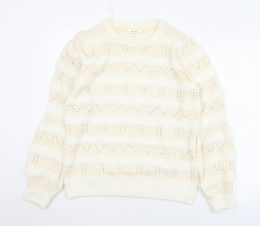 Matalan Womens White Crew Neck Striped Acrylic Pullover Jumper Size M