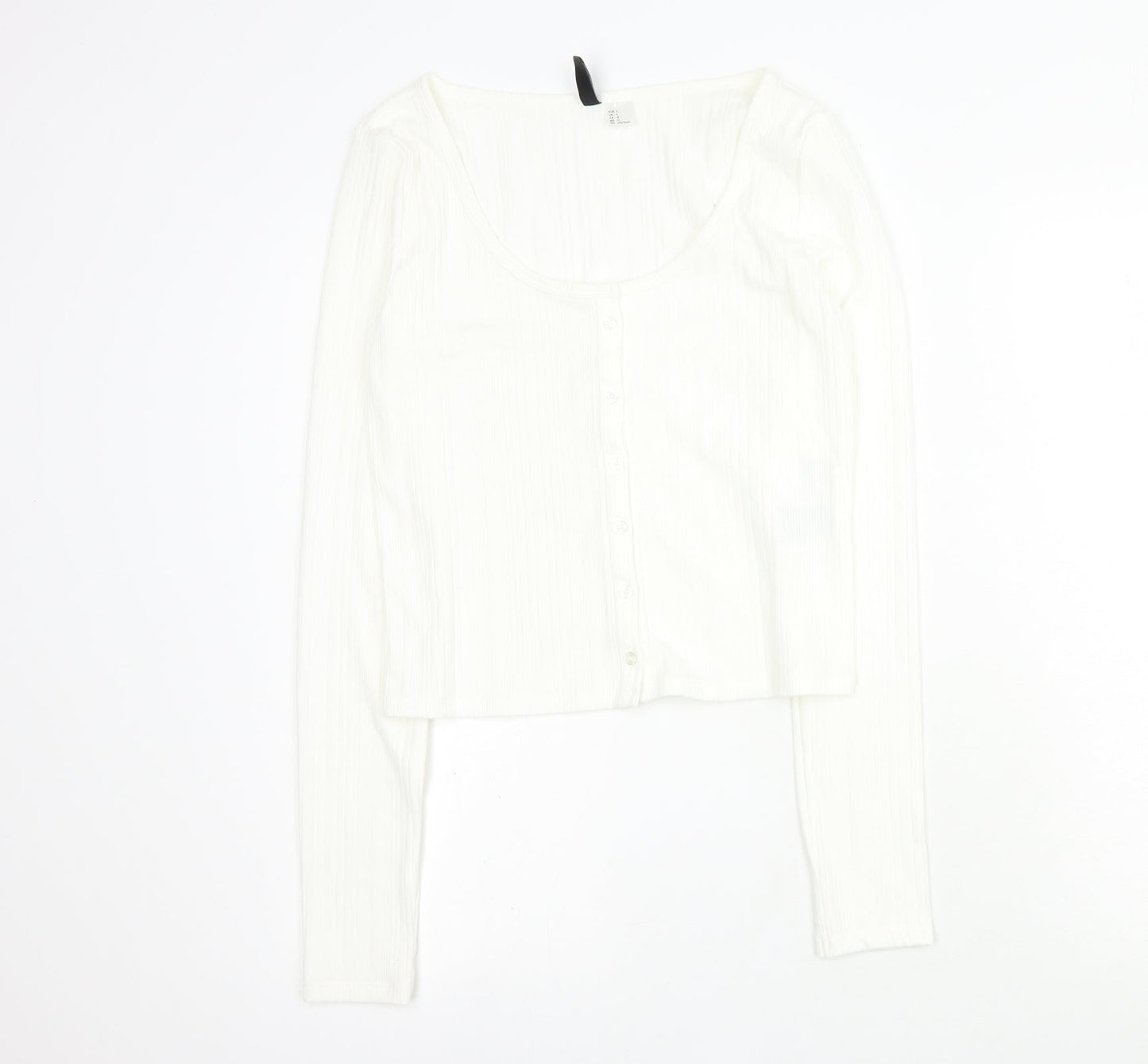 H&M Womens White  Polyester Cropped T-Shirt Size L Round Neck - Ribbed