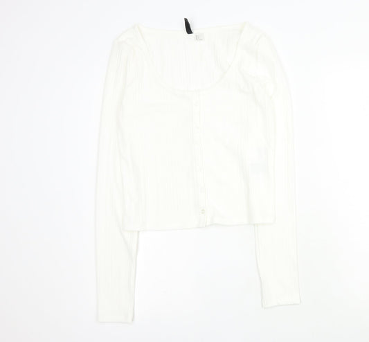 H&M Womens White  Polyester Cropped T-Shirt Size L Round Neck - Ribbed