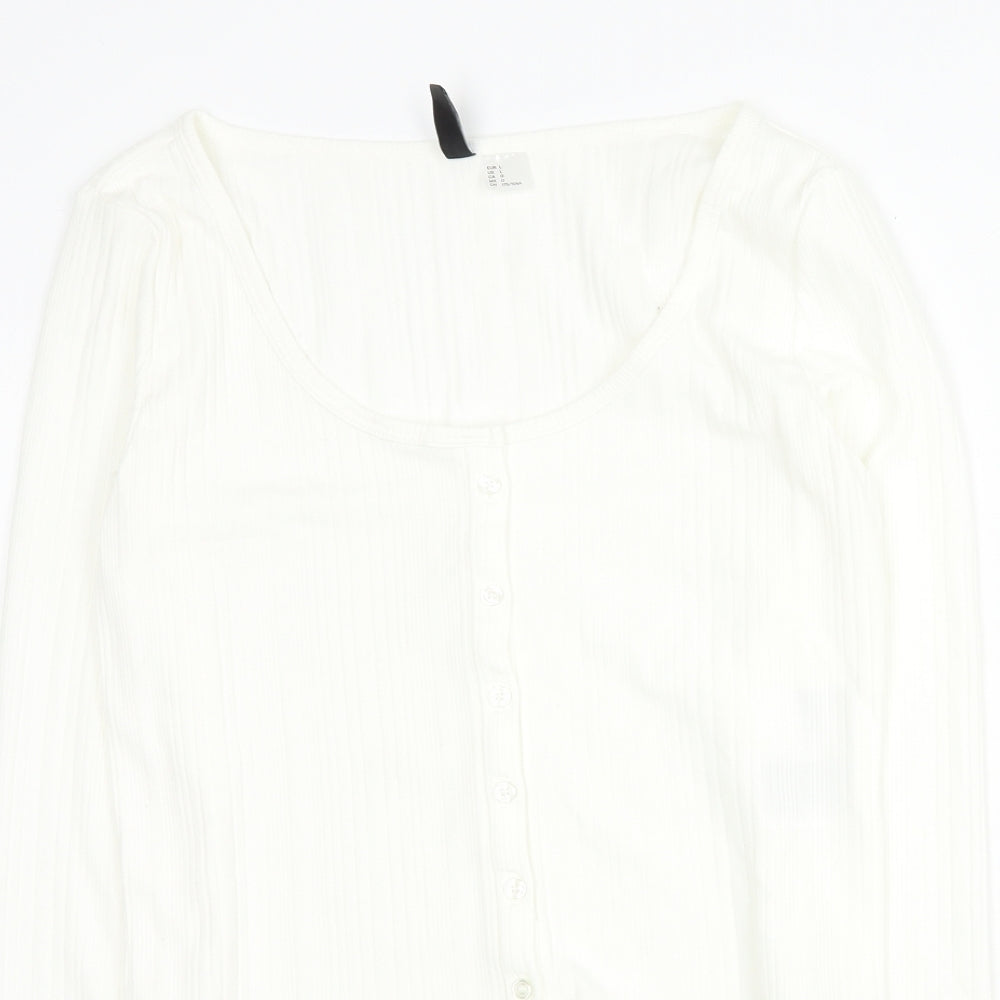 H&M Womens White  Polyester Cropped T-Shirt Size L Round Neck - Ribbed