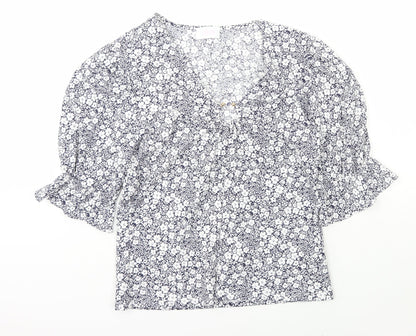 Savida Womens Blue Floral Polyester Basic Blouse Size L V-Neck