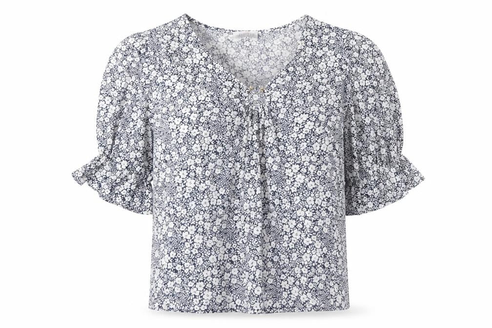 Savida Womens Blue Floral Polyester Basic Blouse Size L V-Neck
