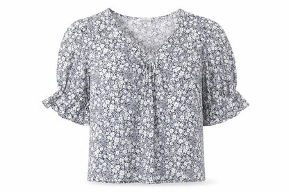 Savida Womens Blue Floral Polyester Basic Blouse Size L V-Neck