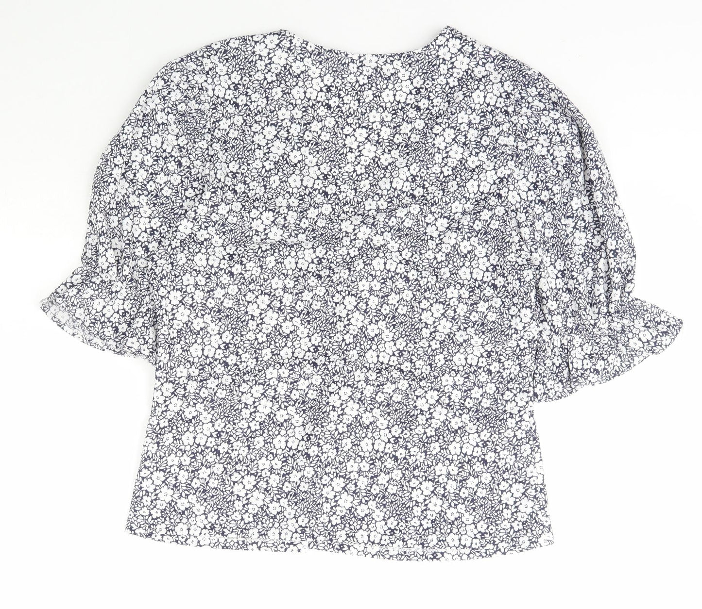 Savida Womens Blue Floral Polyester Basic Blouse Size L V-Neck