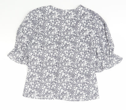 Savida Womens Blue Floral Polyester Basic Blouse Size L V-Neck