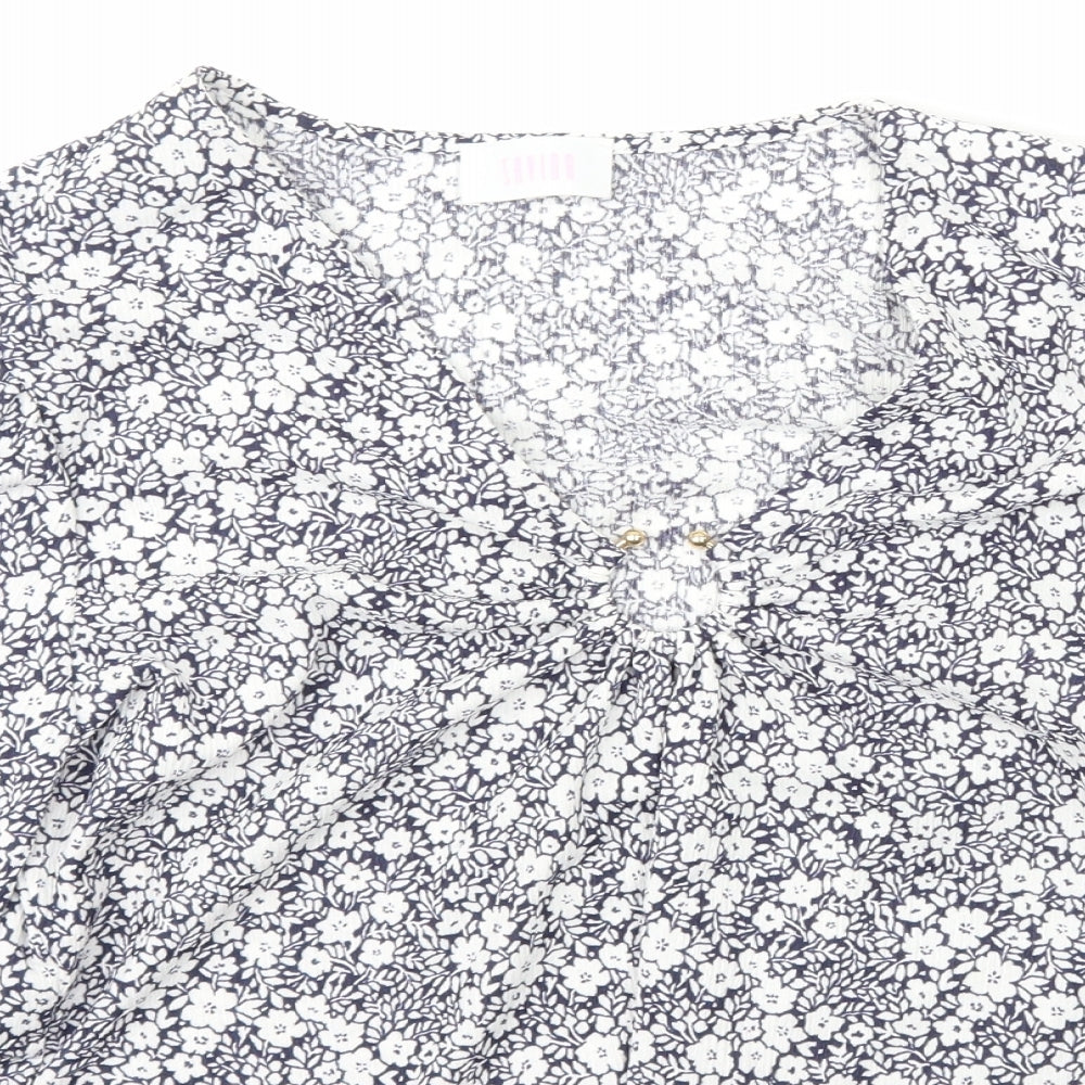 Savida Womens Blue Floral Polyester Basic Blouse Size L V-Neck