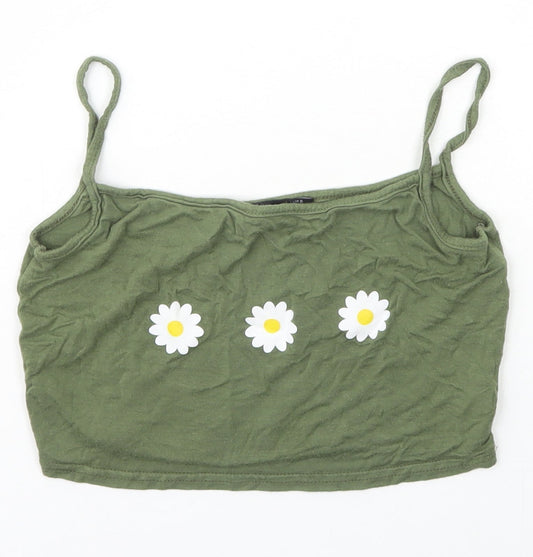 PRETTYLITTLETHING Womens Green  Viscose Basic Tank Size 6 Square Neck - flowers