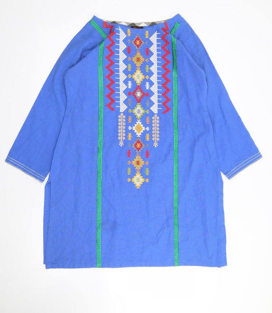 Much More Womens Blue Geometric Polyester Tunic Blouse Size 6 Round Neck