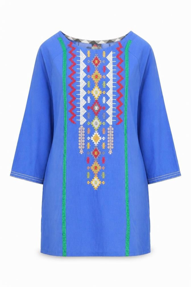 Much More Womens Blue Geometric Polyester Tunic Blouse Size 6 Round Neck
