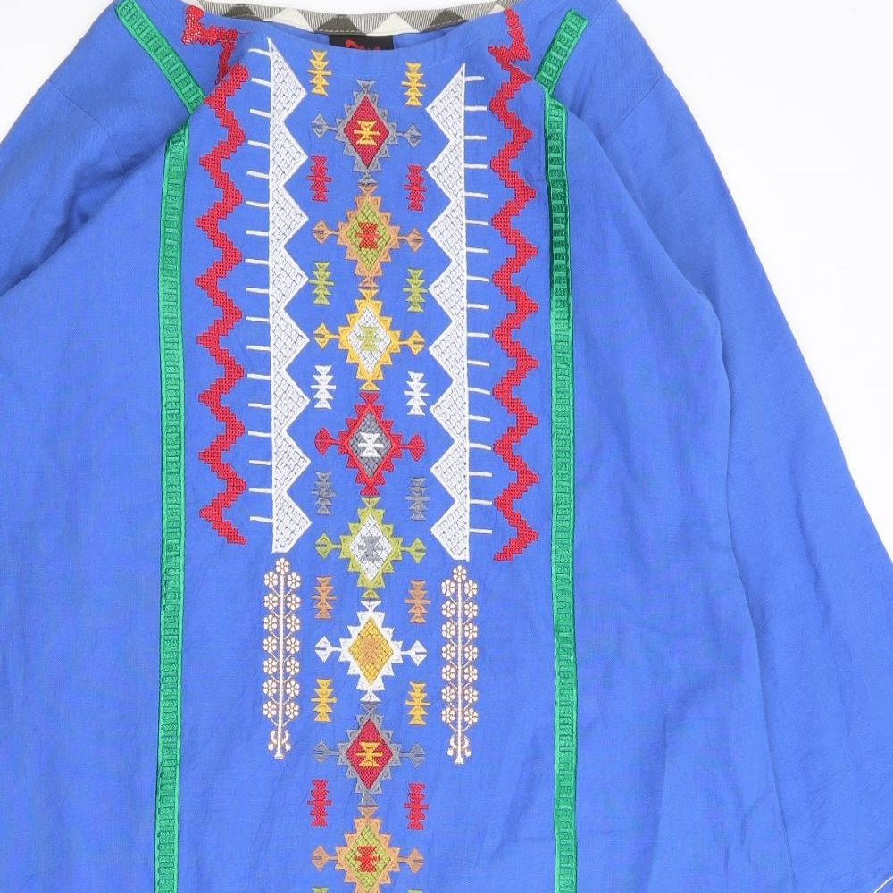 Much More Womens Blue Geometric Polyester Tunic Blouse Size 6 Round Neck