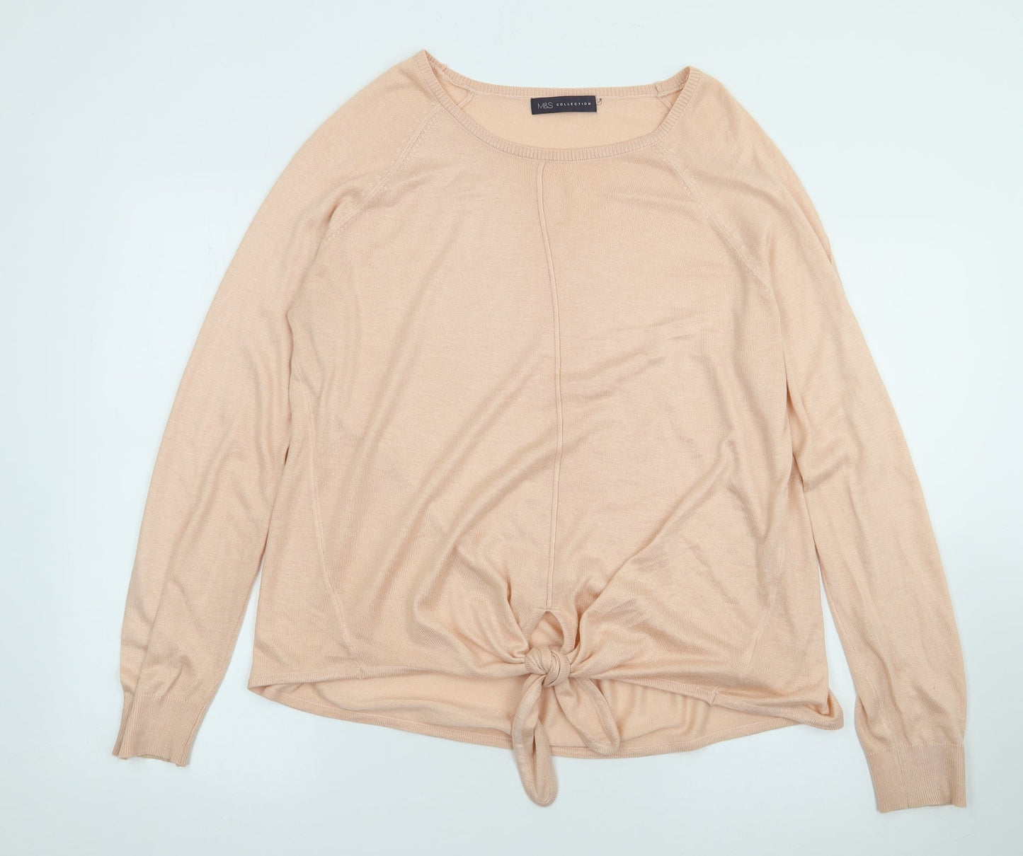 Marks and Spencer Womens Orange  Acrylic Jersey T-Shirt Size L Round Neck - Tie Front