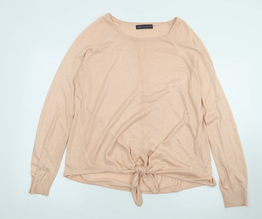 Marks and Spencer Womens Orange  Acrylic Jersey T-Shirt Size L Round Neck - Tie Front