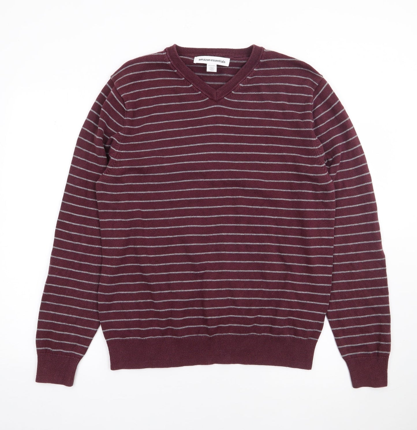 Amazon Essentials Mens Red V-Neck Striped Cotton Pullover Jumper Size M