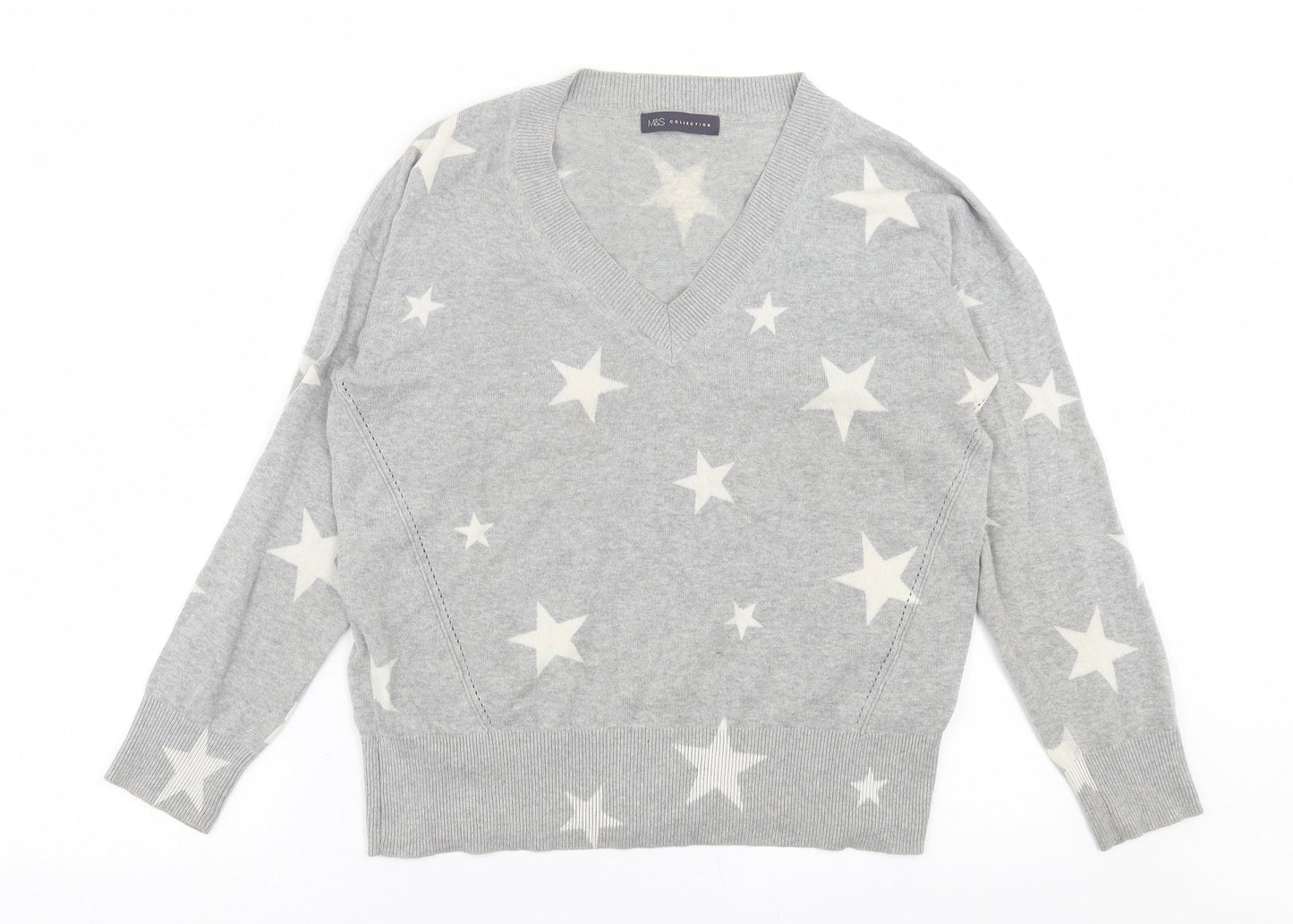 Marks and Spencer Womens Grey V-Neck Geometric Cotton Pullover Jumper Size S
