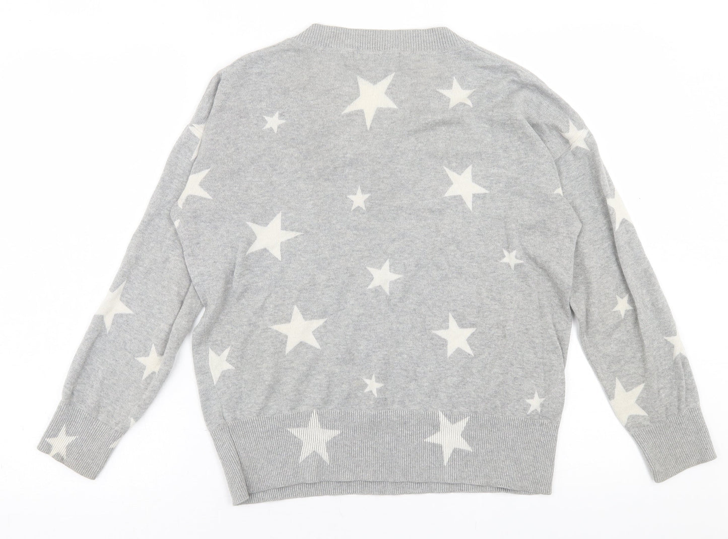 Marks and Spencer Womens Grey V-Neck Geometric Cotton Pullover Jumper Size S