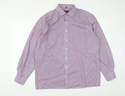 Eterna Mens Purple Striped Cotton  Button-Up Size XL Collared Button