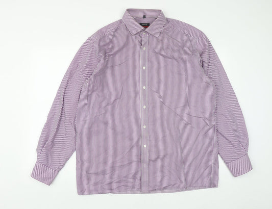 Eterna Mens Purple Striped Cotton  Button-Up Size XL Collared Button