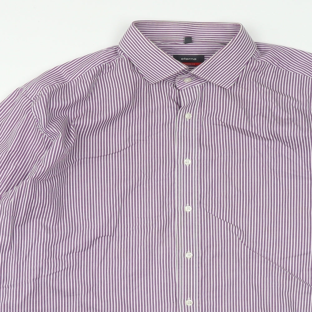 Eterna Mens Purple Striped Cotton  Button-Up Size XL Collared Button