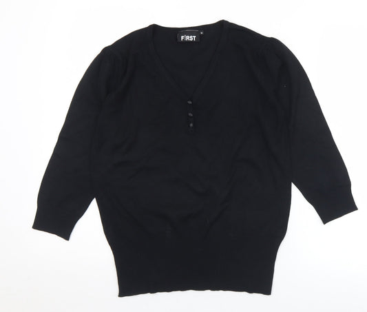 First Avenue Womens Black V-Neck  Viscose Pullover Jumper Size M