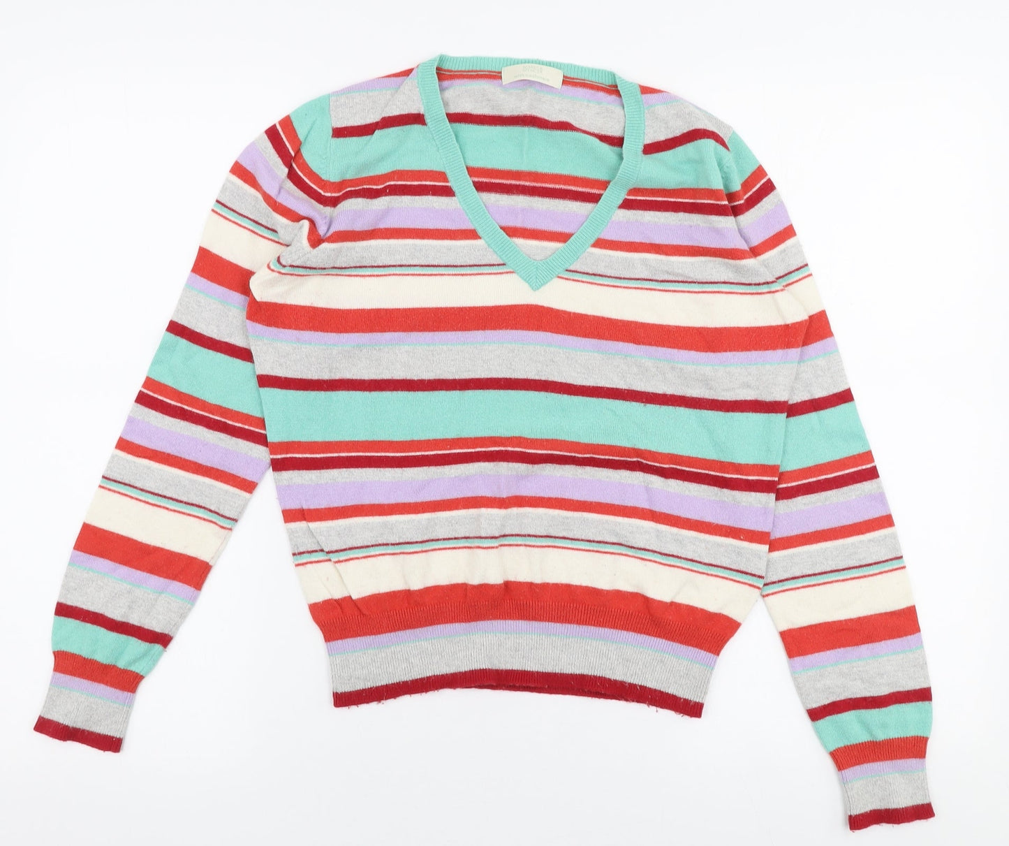 Marks and Spencer Womens Multicoloured V-Neck Striped Viscose Pullover Jumper Size 12