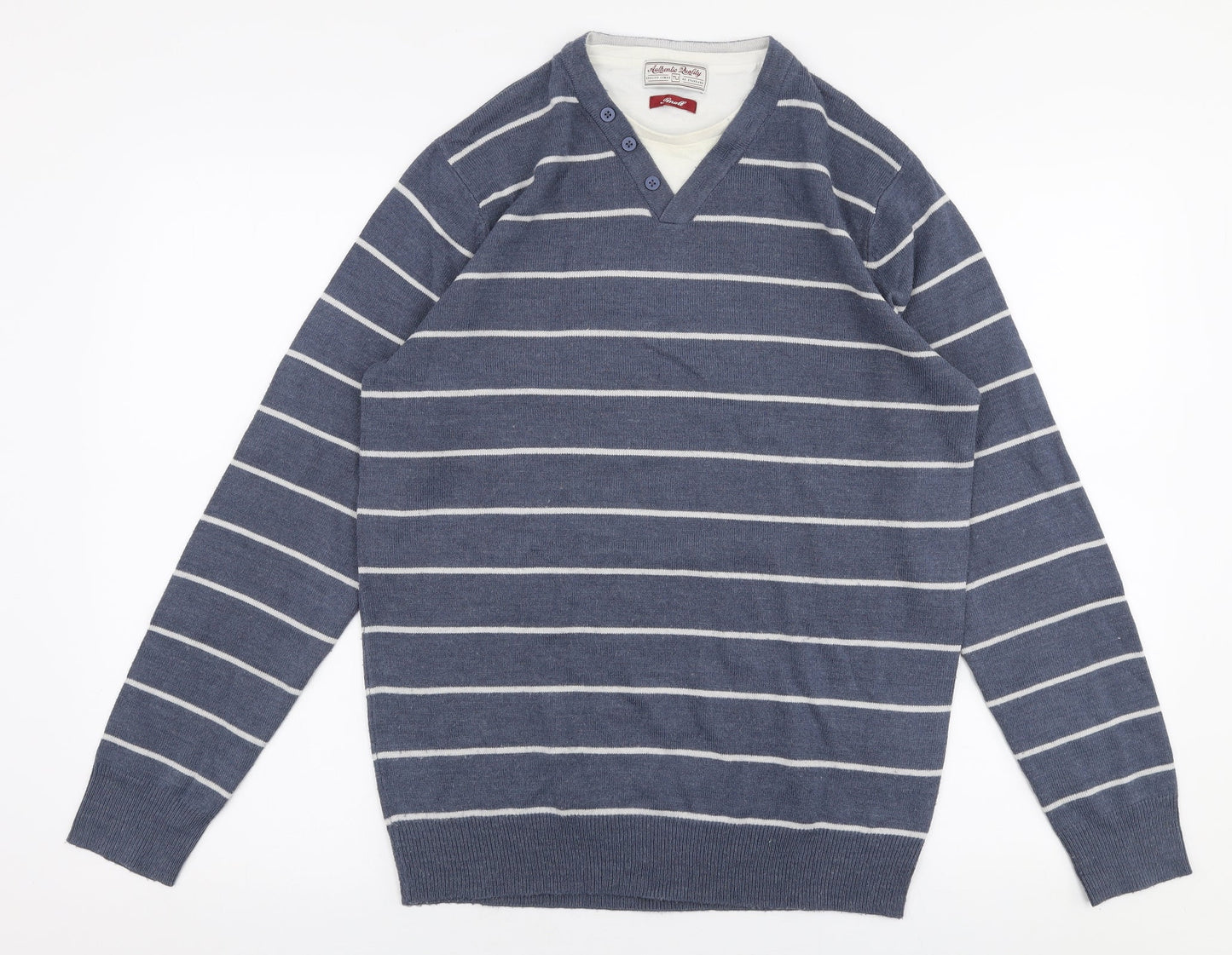 TU Mens Blue V-Neck Striped Acrylic Pullover Jumper Size S