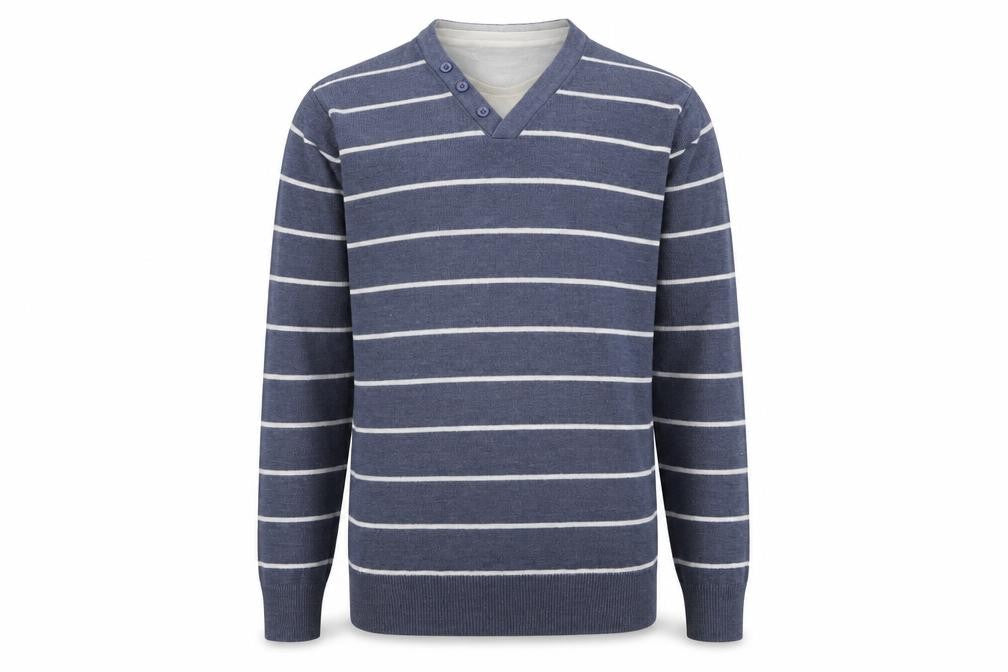 TU Mens Blue V-Neck Striped Acrylic Pullover Jumper Size S