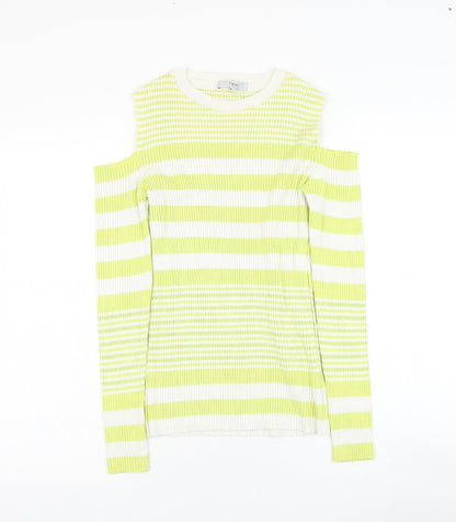 Next Womens Yellow Round Neck Striped Cotton Pullover Jumper Size 14