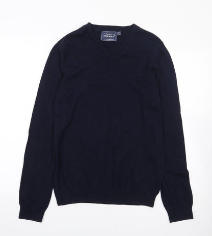 Preloved Topman Mens Blue V-Neck  Cotton Pullover Jumper Size S - Front