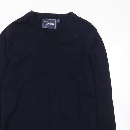 Preloved Topman Mens Blue V-Neck  Cotton Pullover Jumper Size S - Detail