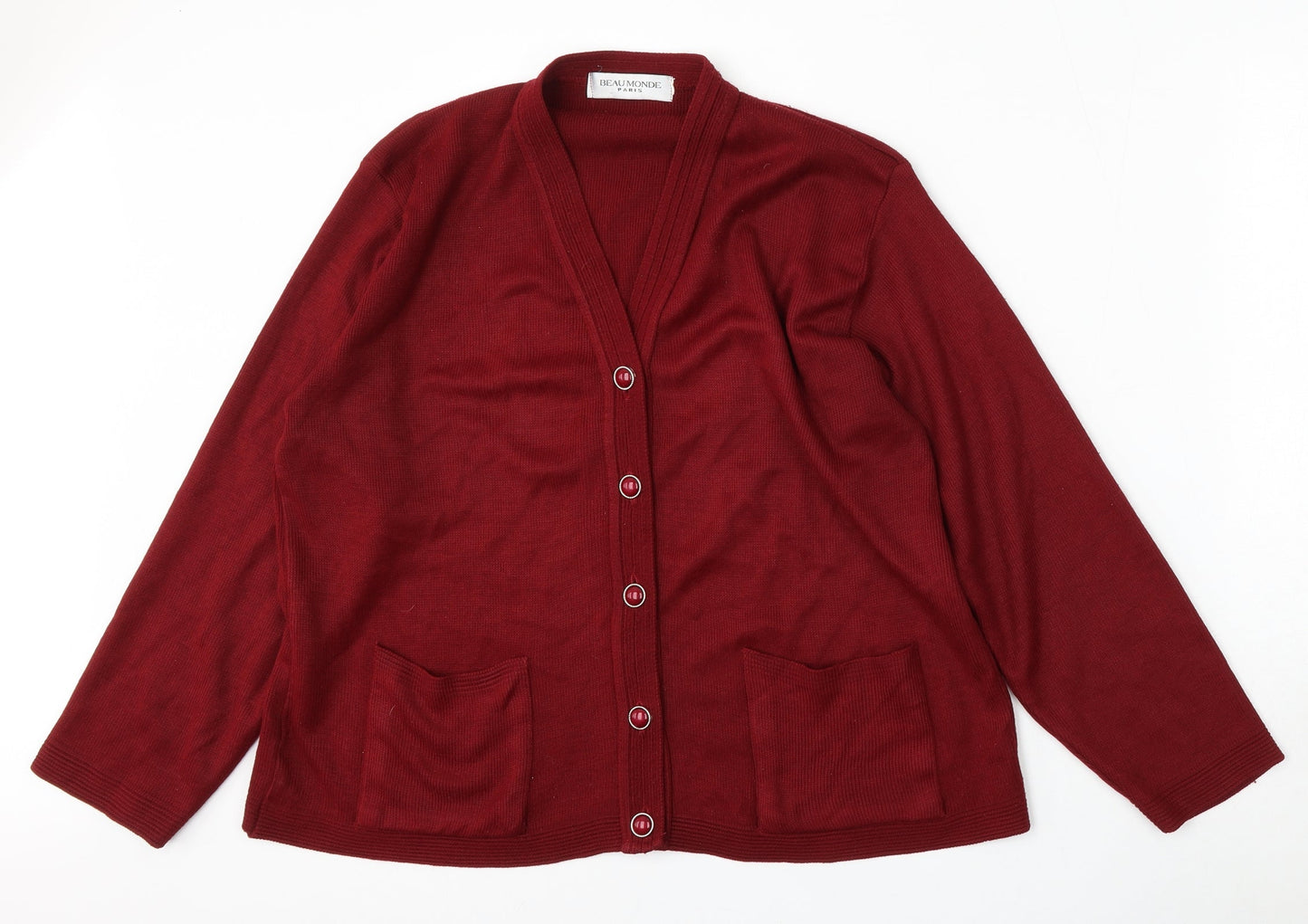 Beaumonde Womens Red V-Neck  Acrylic Cardigan Jumper Size L