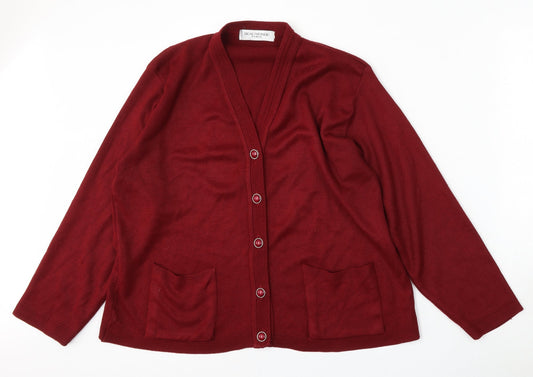Beaumonde Womens Red V-Neck  Acrylic Cardigan Jumper Size L