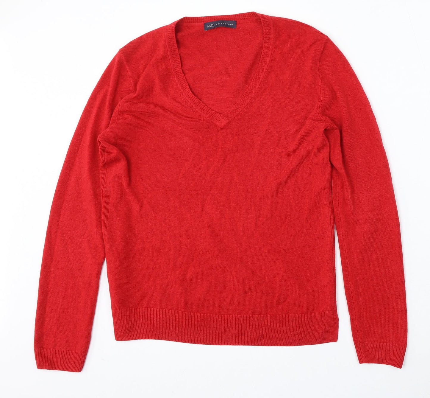 Marks and Spencer Womens Red V-Neck  Polyester Pullover Jumper Size L