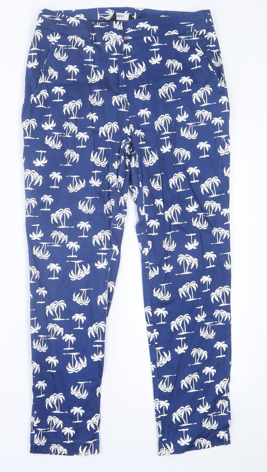 label Be Womens Blue Geometric Cotton Trousers  Size 12 L26 in Regular Hook & Eye