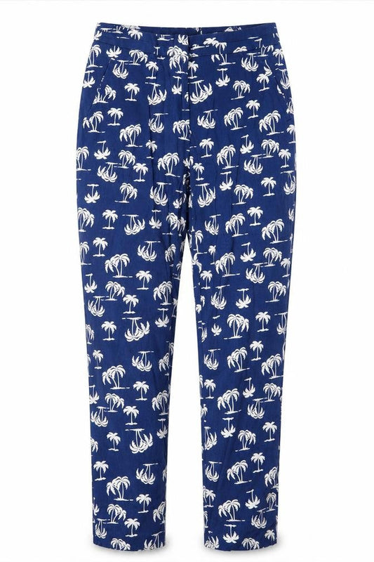 label Be Womens Blue Geometric Cotton Trousers  Size 12 L26 in Regular Hook & Eye
