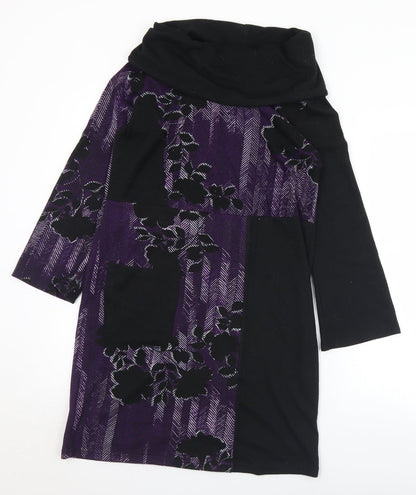 Preloved Klass Womens Purple Roll Neck Floral Polyester Tunic Jumper Size S - Front