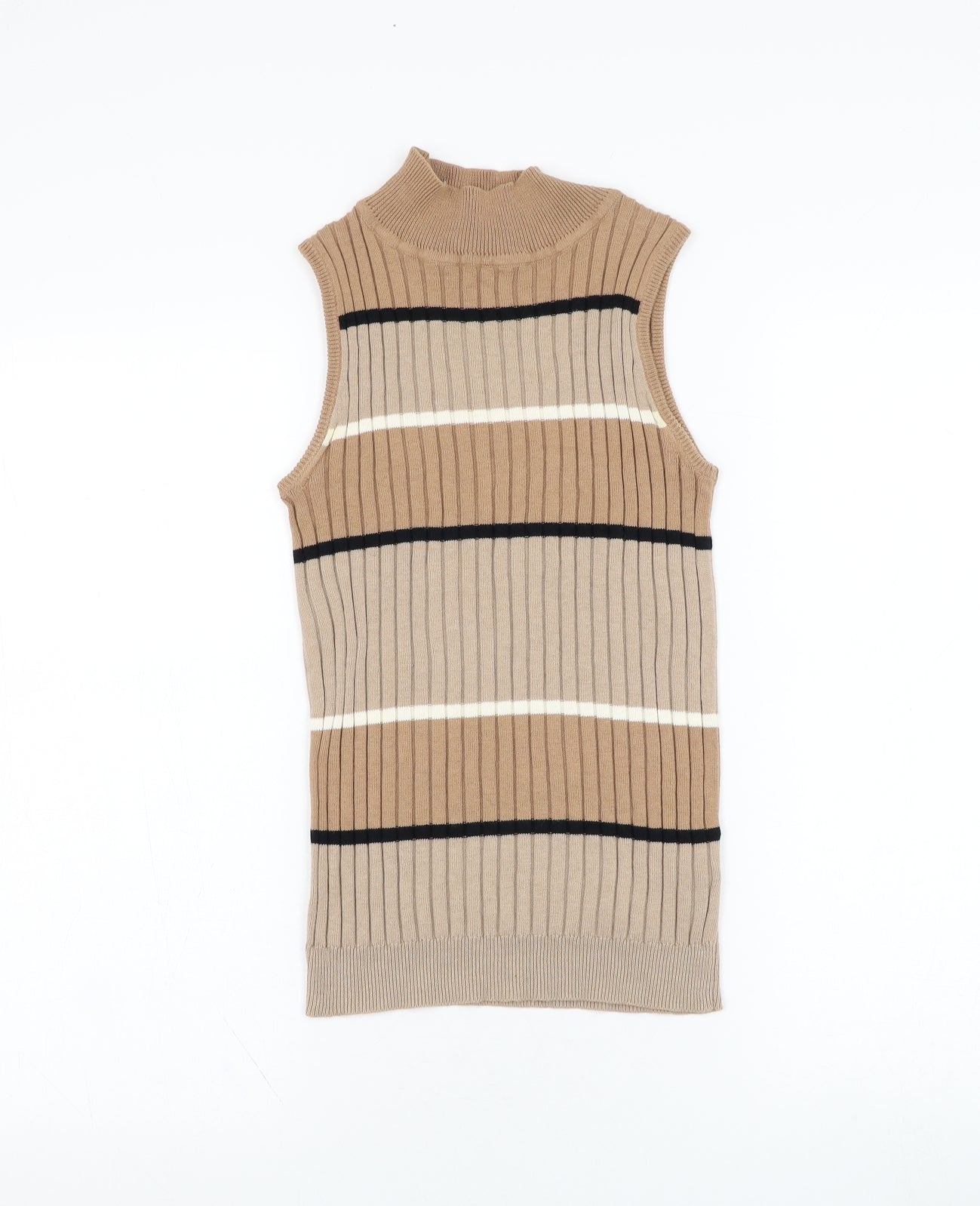 Select Womens Brown Mock Neck Striped Cotton Vest Jumper Size 10