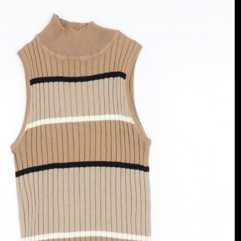 Select Womens Brown Mock Neck Striped Cotton Vest Jumper Size 10