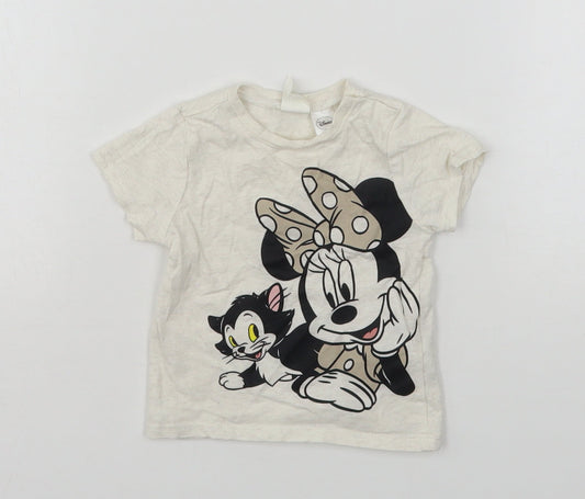 H&M Girls Beige  Cotton Basic T-Shirt Size 3-6 Months Round Neck  - Minnie Mouse