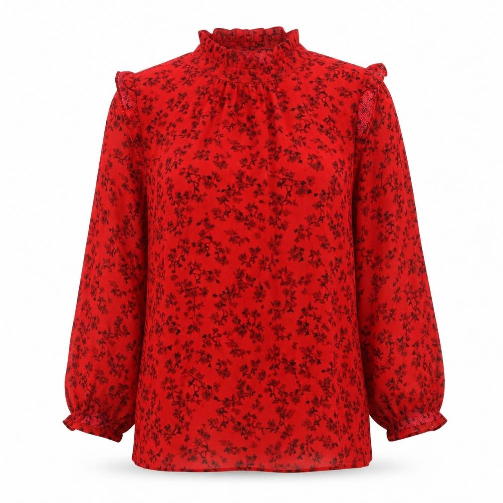 New Look Womens Red Floral Viscose Basic Blouse Size 6 High Neck